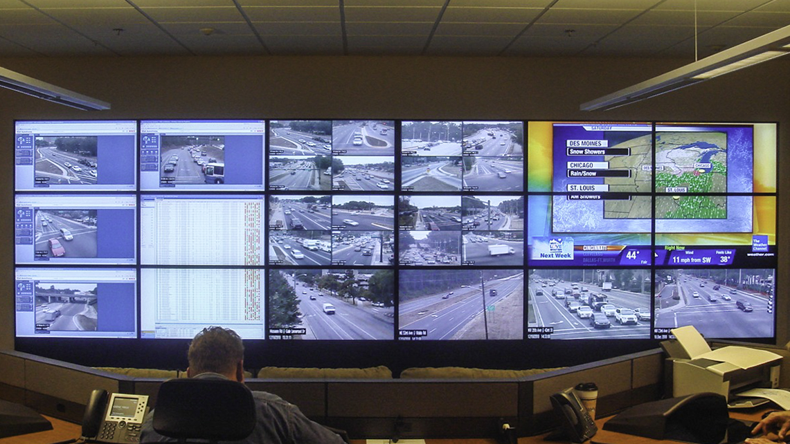 A video wall in a transportation management center