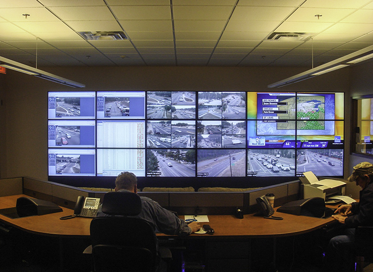 A video wall in a transportation management center